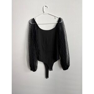 PinkmStyle Black Swiss Dot Sheer Mesh Balloon Sleeve Bodysuit Medium